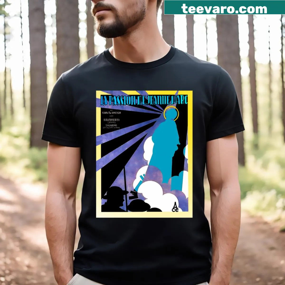 Design inspired by the 1928 French movie poster for Joan of Arc — on a men's t-shirt