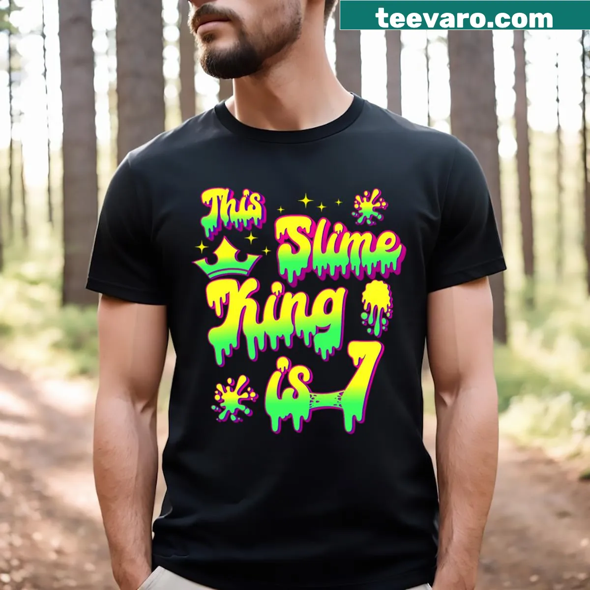 Birthday T-shirt featuring a funny cartoon slime king graphic — on a men's t-shirt