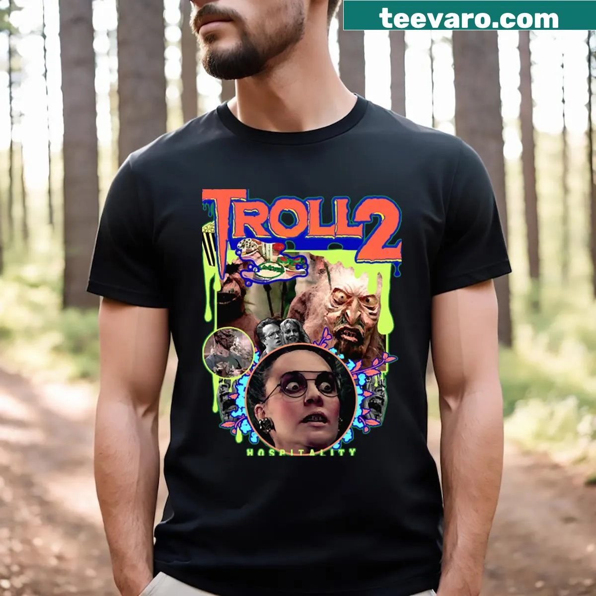 Troll 2 t-shirt with quirky movie-themed illustration — on a men's t-shirt