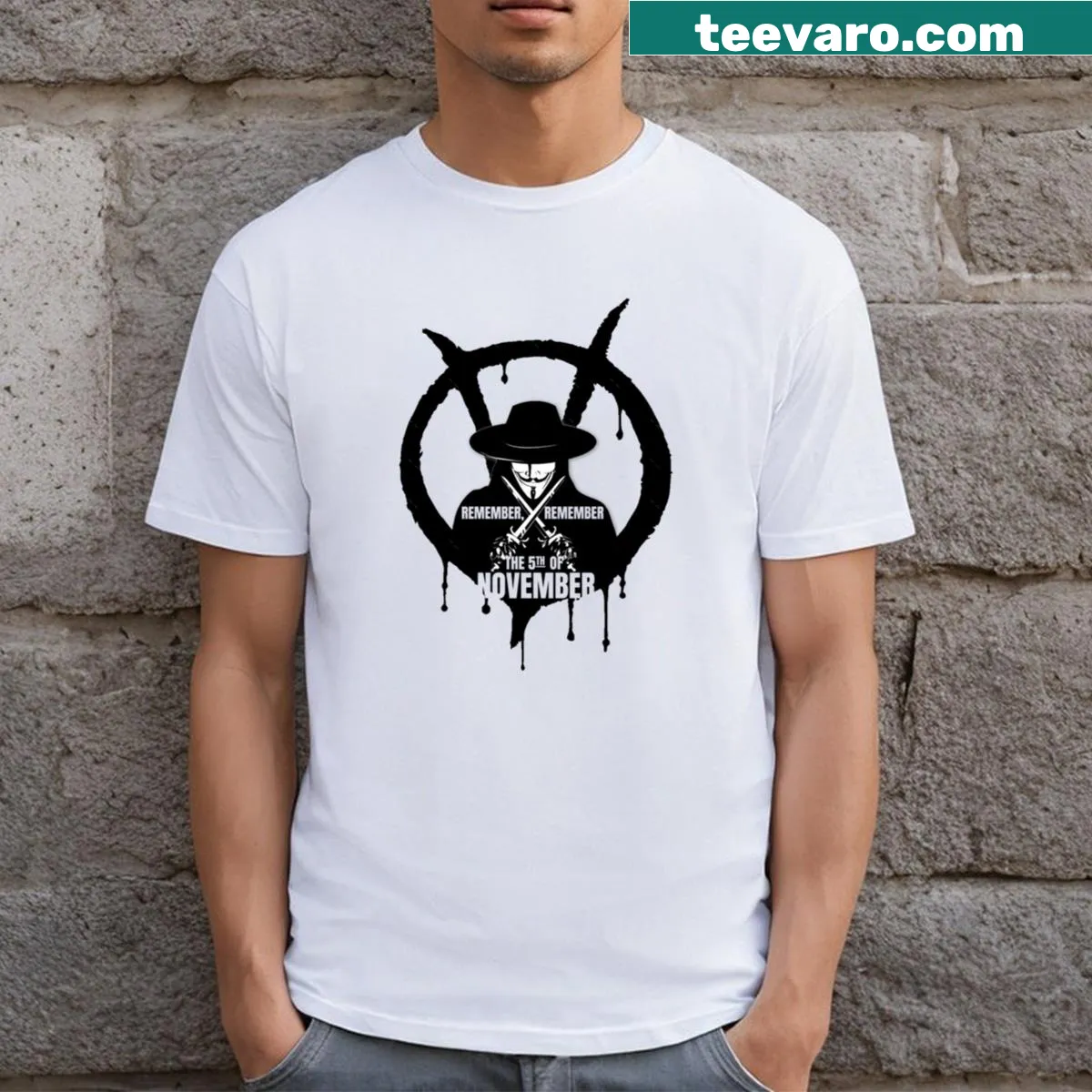 V For Vendetta t-shirt featuring iconic quote in bold typography — on a men's t-shirt