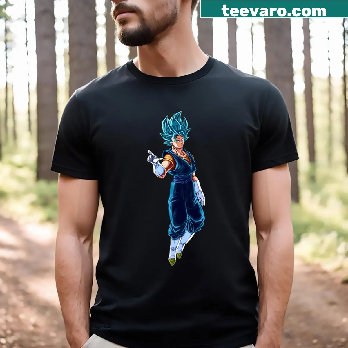 Illustrative Vegitto SSJ Blue T-shirt featuring a popular anime character — on a men's t-shirt