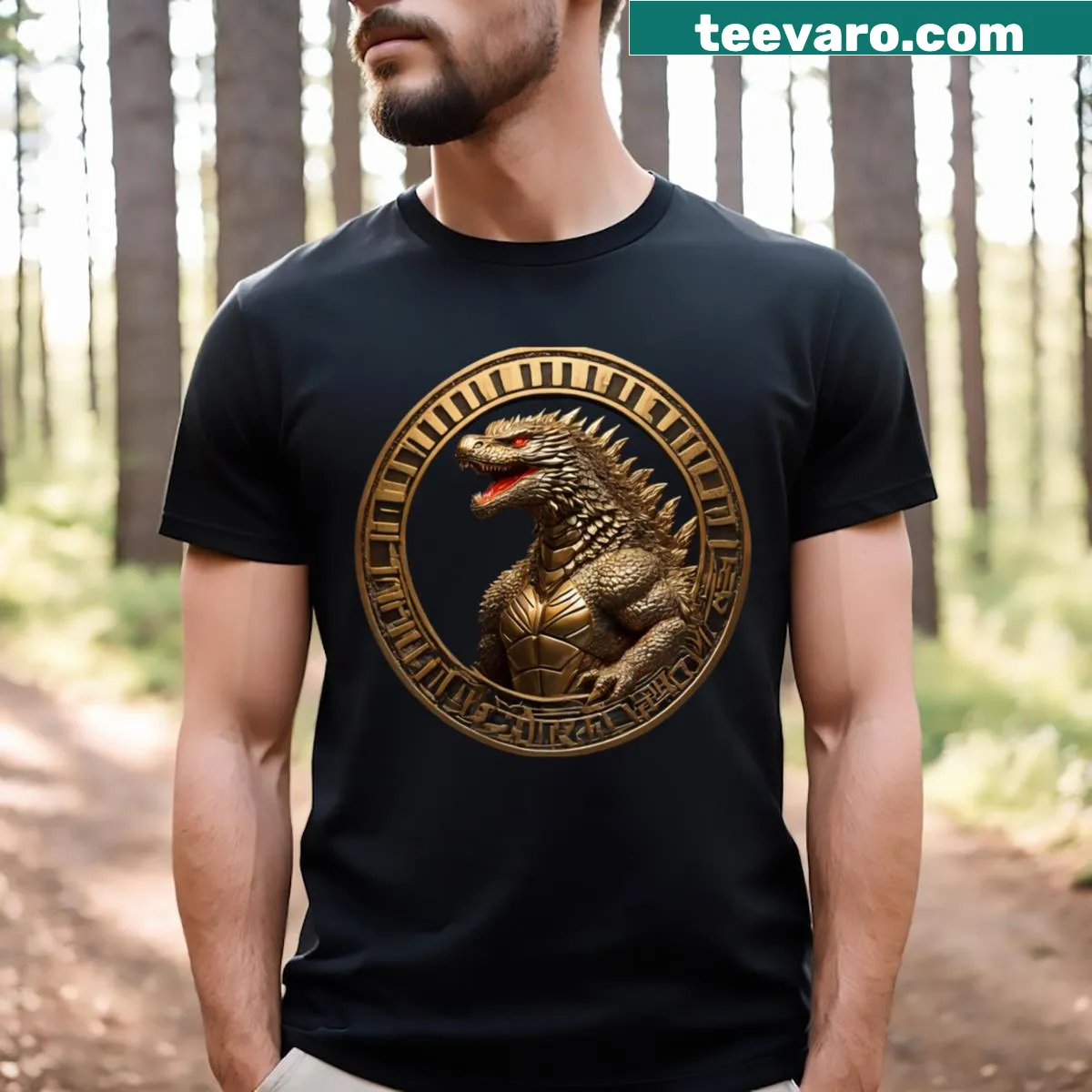 Vintage-style Godzilla T-shirt with royal badge graphic — on a men's t-shirt