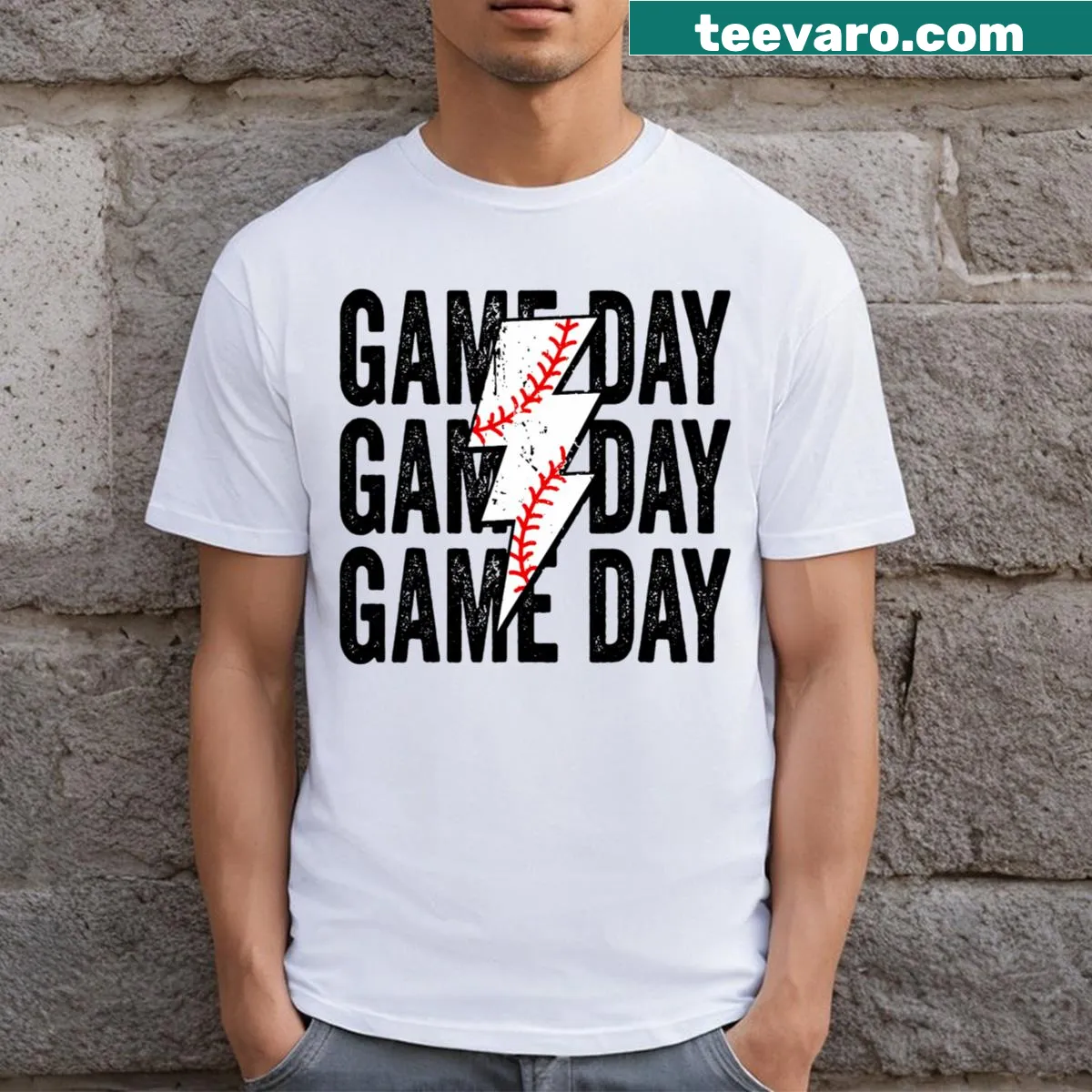 Vintage-style tee with a lightning bolt graphic for baseball fans. — on a men's t-shirt