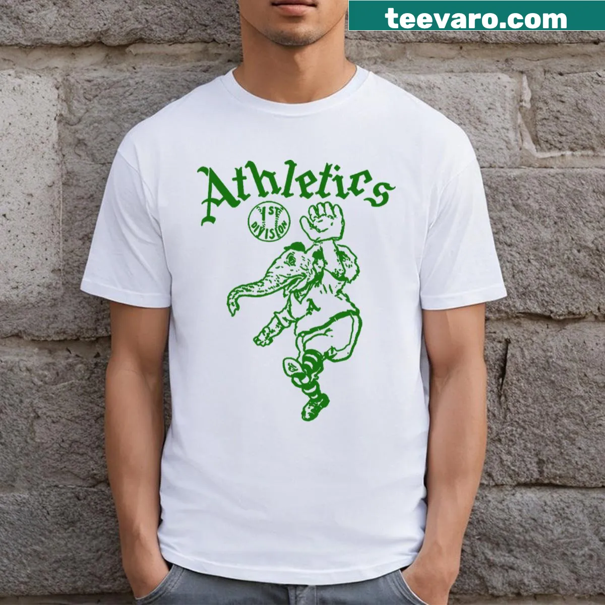 Vintage T-shirt featuring distressed Oakland A's logo — on a men's t-shirt