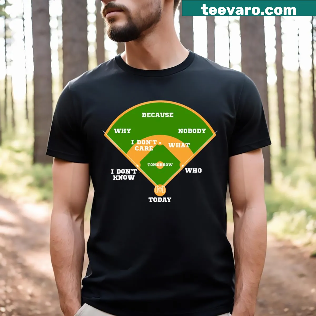 Vintage style T-shirt featuring a baseball card design referencing Who's on First — on a men's t-shirt