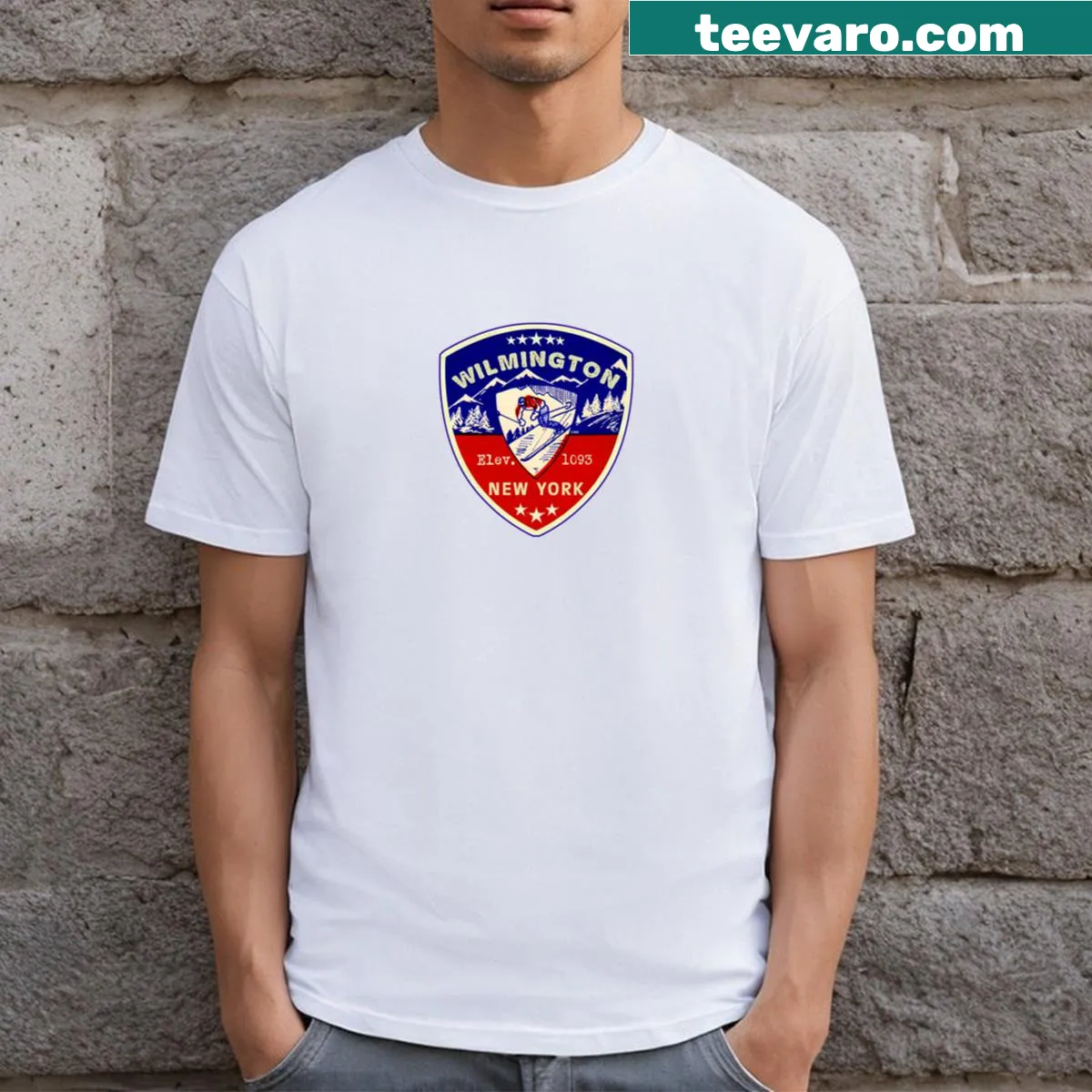 Skiing graphic featuring a skier and mountains on a T-shirt — on a men's t-shirt