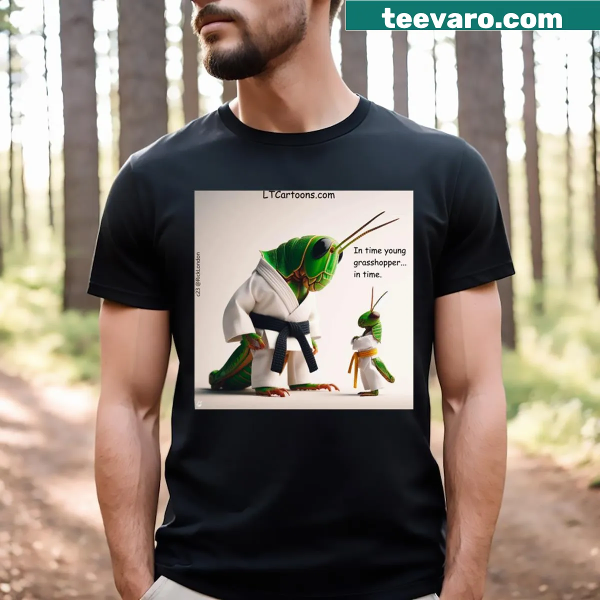 Whimsical Young Grasshopper t-shirt with a vintage look — on a men's t-shirt