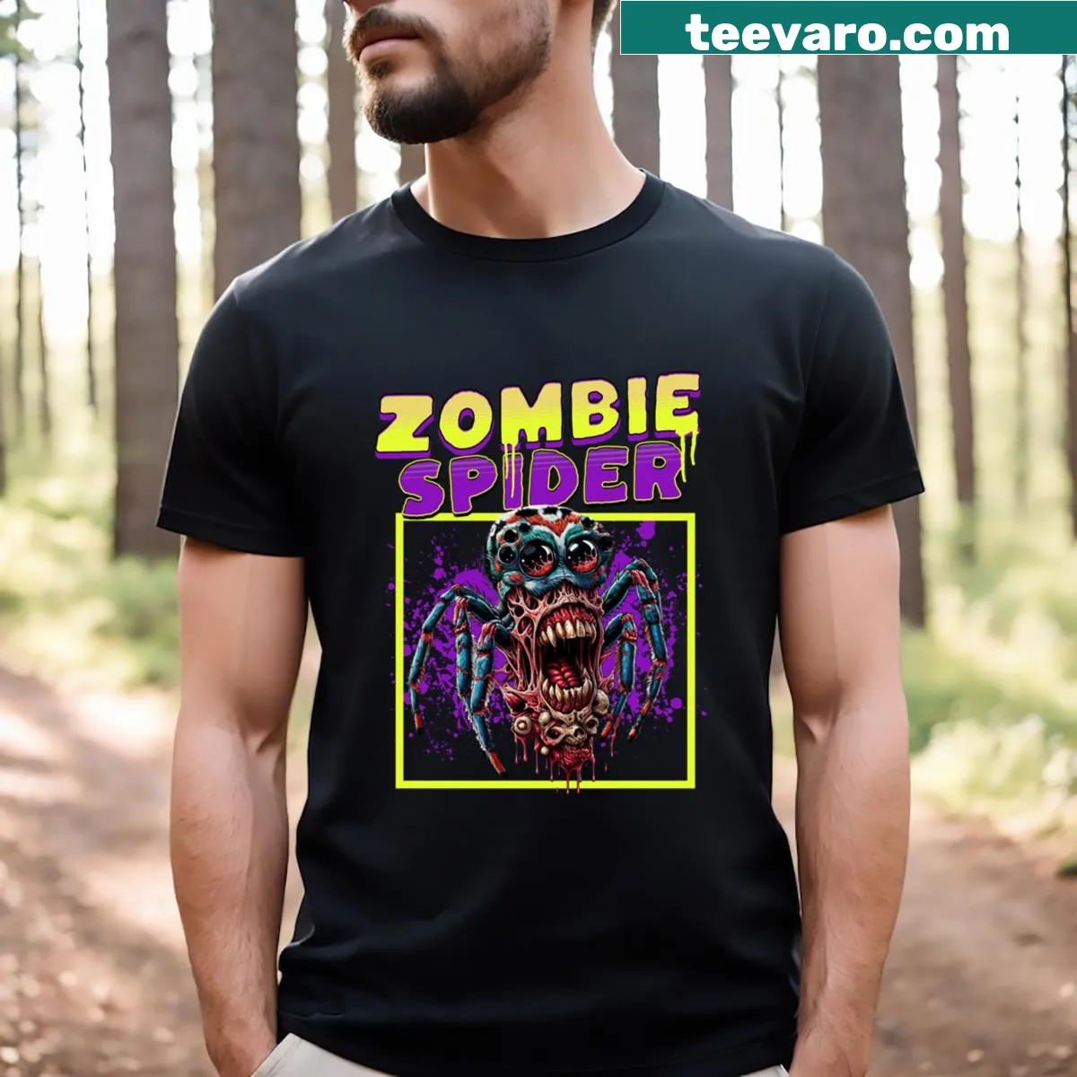 Funny cartoon graphic of a zombie spider on a T-shirt — on a men's t-shirt