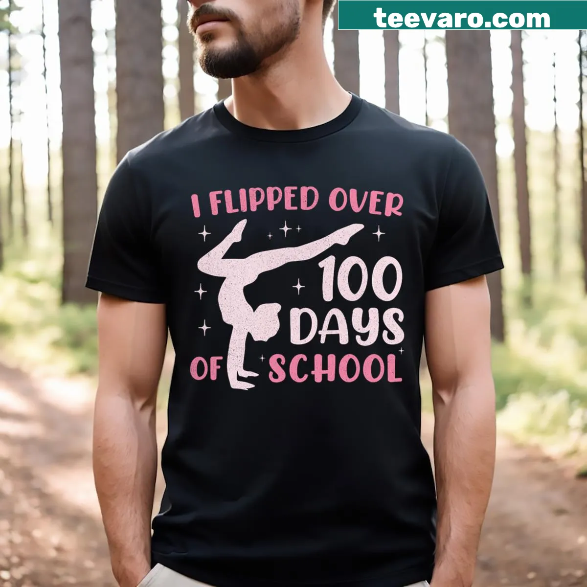 Gymnastics-themed t-shirt celebrating 100 days of school for girls — on a men's t-shirt