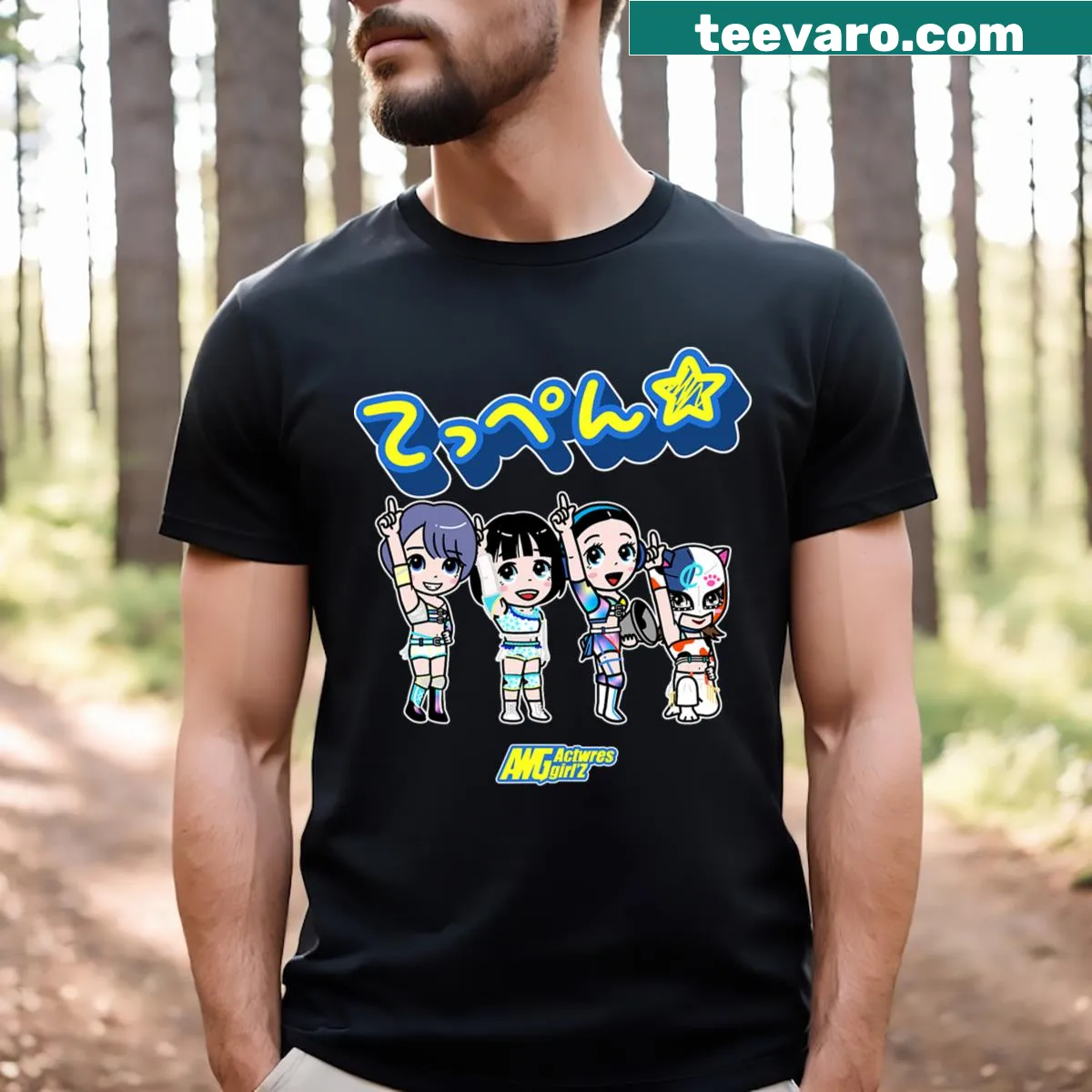 Graphic T-shirt featuring actress and wrestling character illustrations — on a men's t-shirt