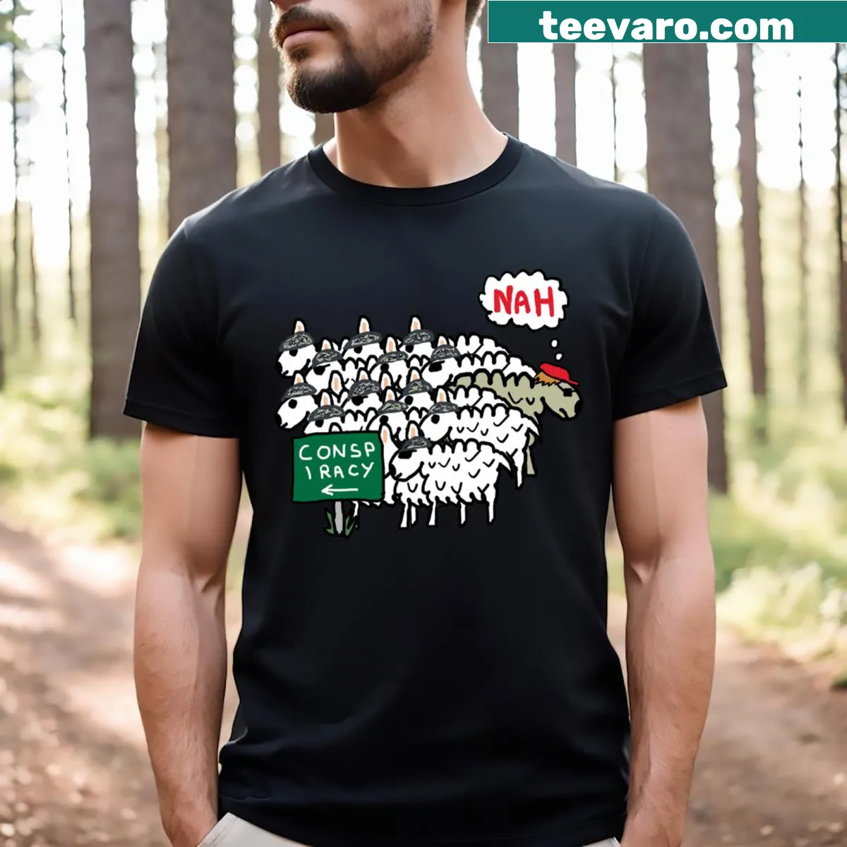 Text-based t-shirt with an anti-conspiracy theory message. — on a men's t-shirt