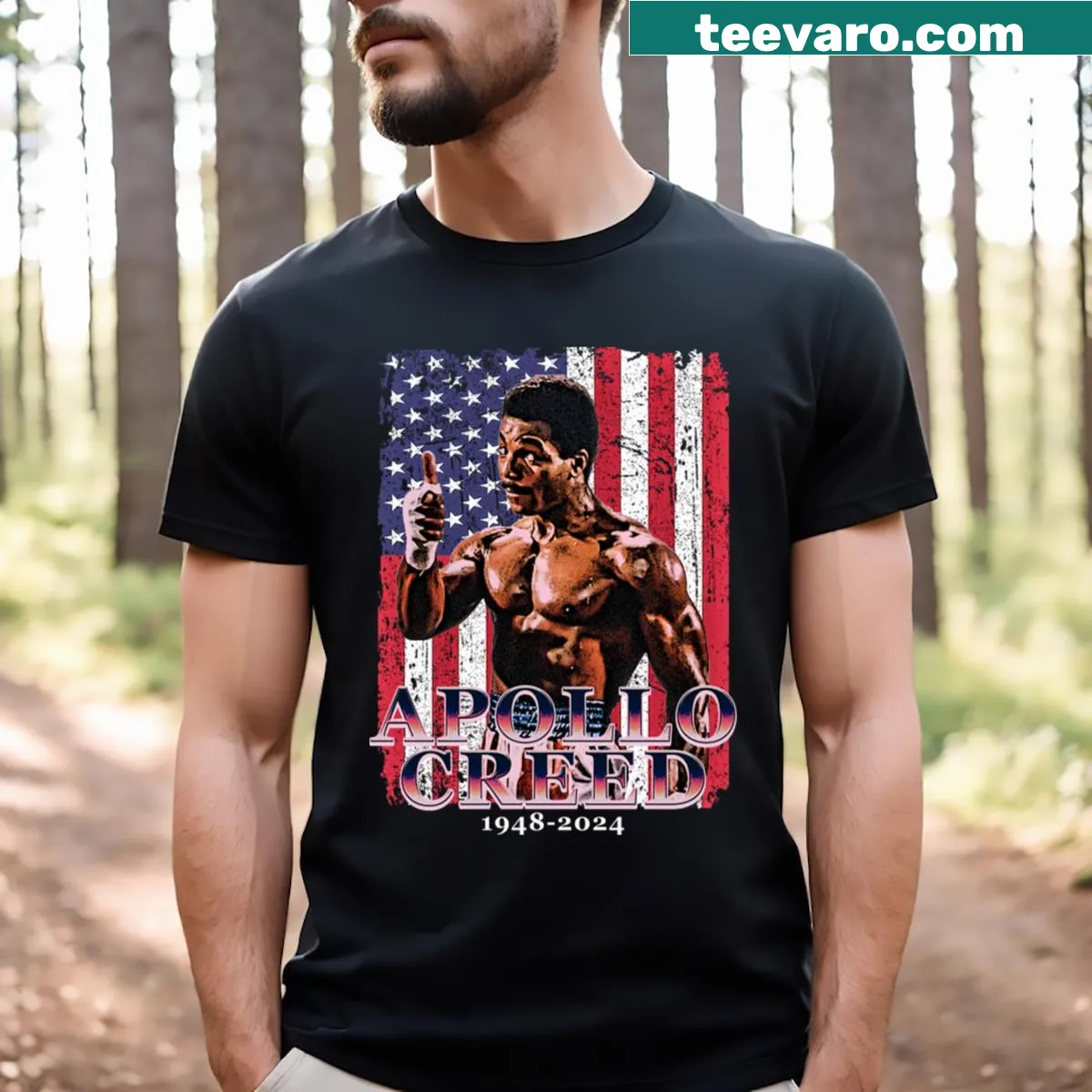 Memorial T-shirt for Apollo Creed featuring thoughtful lettering — on a men's t-shirt