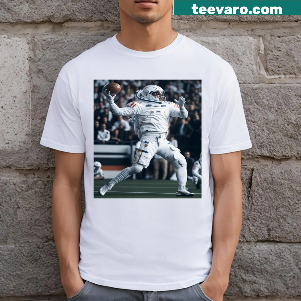 Illustration of an astronaut football player on a t-shirt — on a men's t-shirt