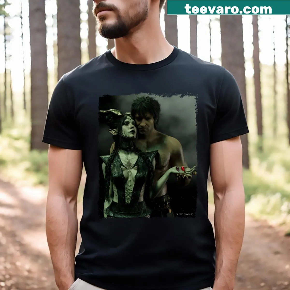 Illustrated Baldur's Gate 3 characters Gortash and Durge on T-shirt — on a men's t-shirt