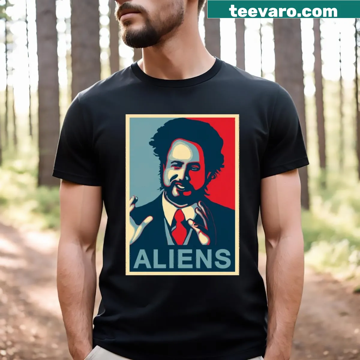 Playful t-shirt with the phrase 'Because Aliens' in bold font — on a men's t-shirt