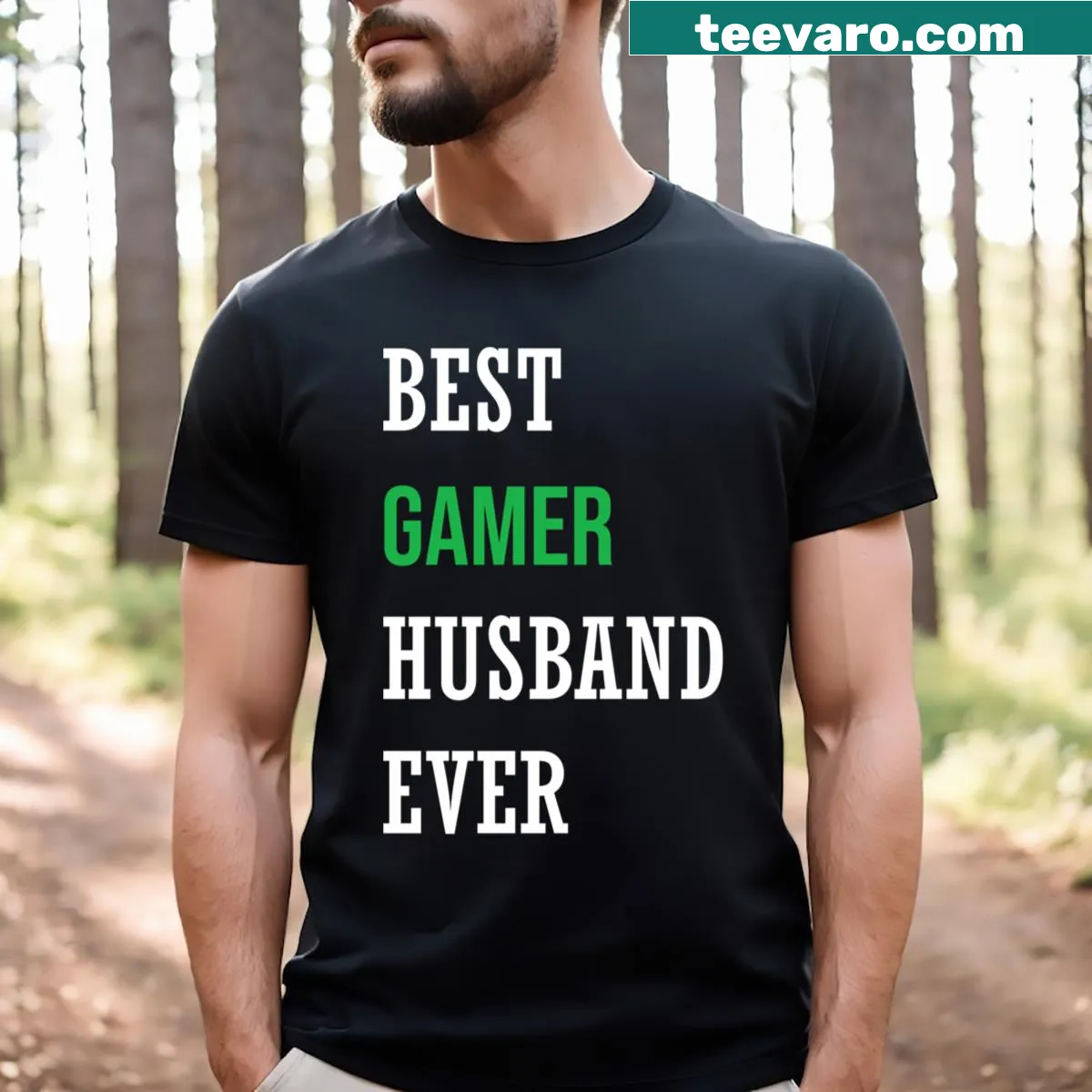 Shirt that reads 'Best Gamer Husband Ever' in playful typography — on a men's t-shirt