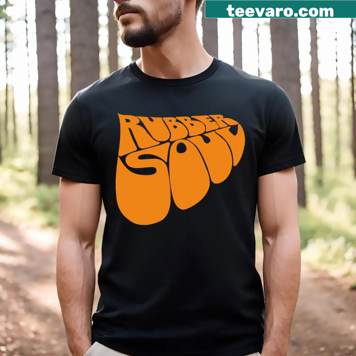 T-shirt featuring the Rubber Souls logo in bold typography — on a men's t-shirt