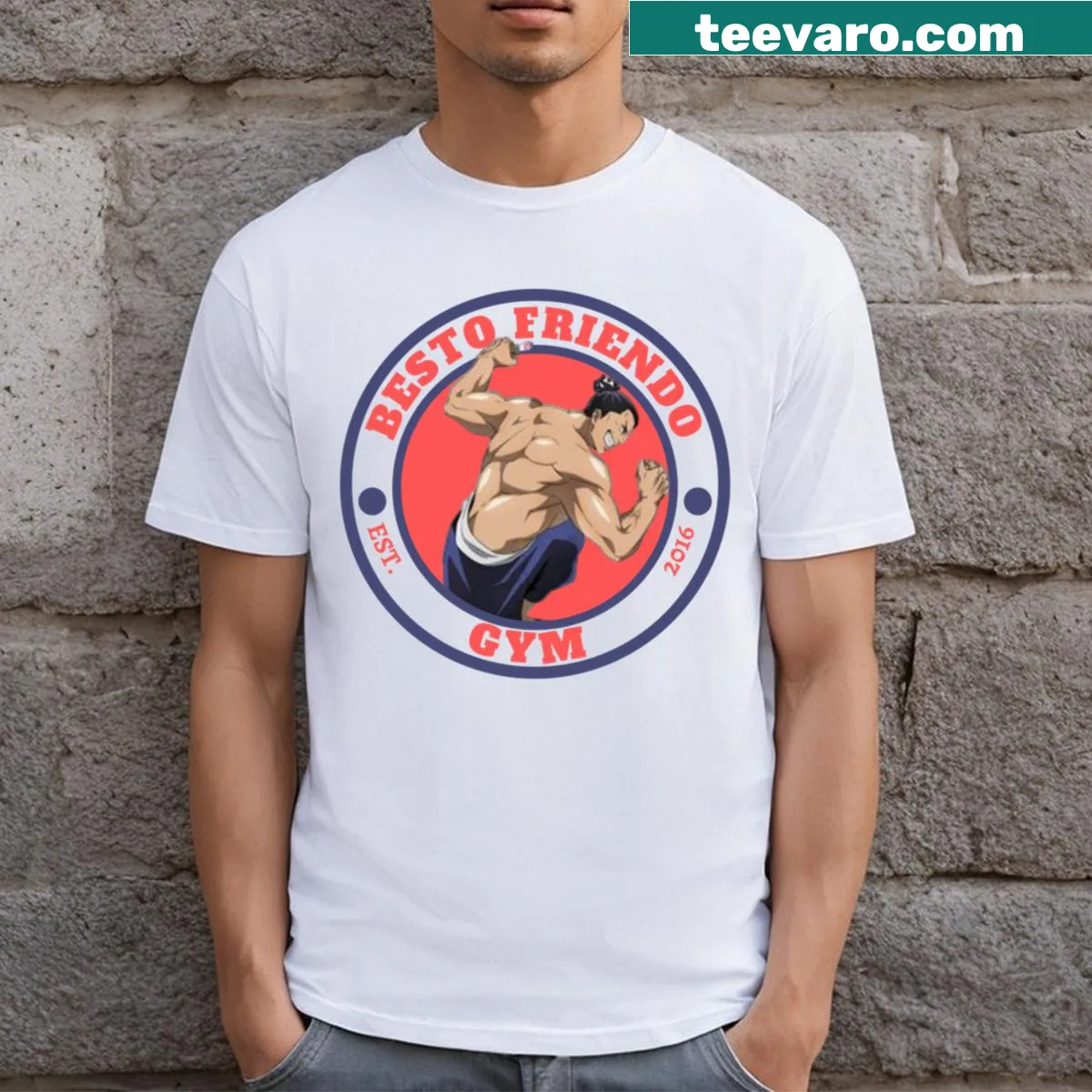 Gym t-shirt with playful typography saying 'Besto Friendo' — on a men's t-shirt