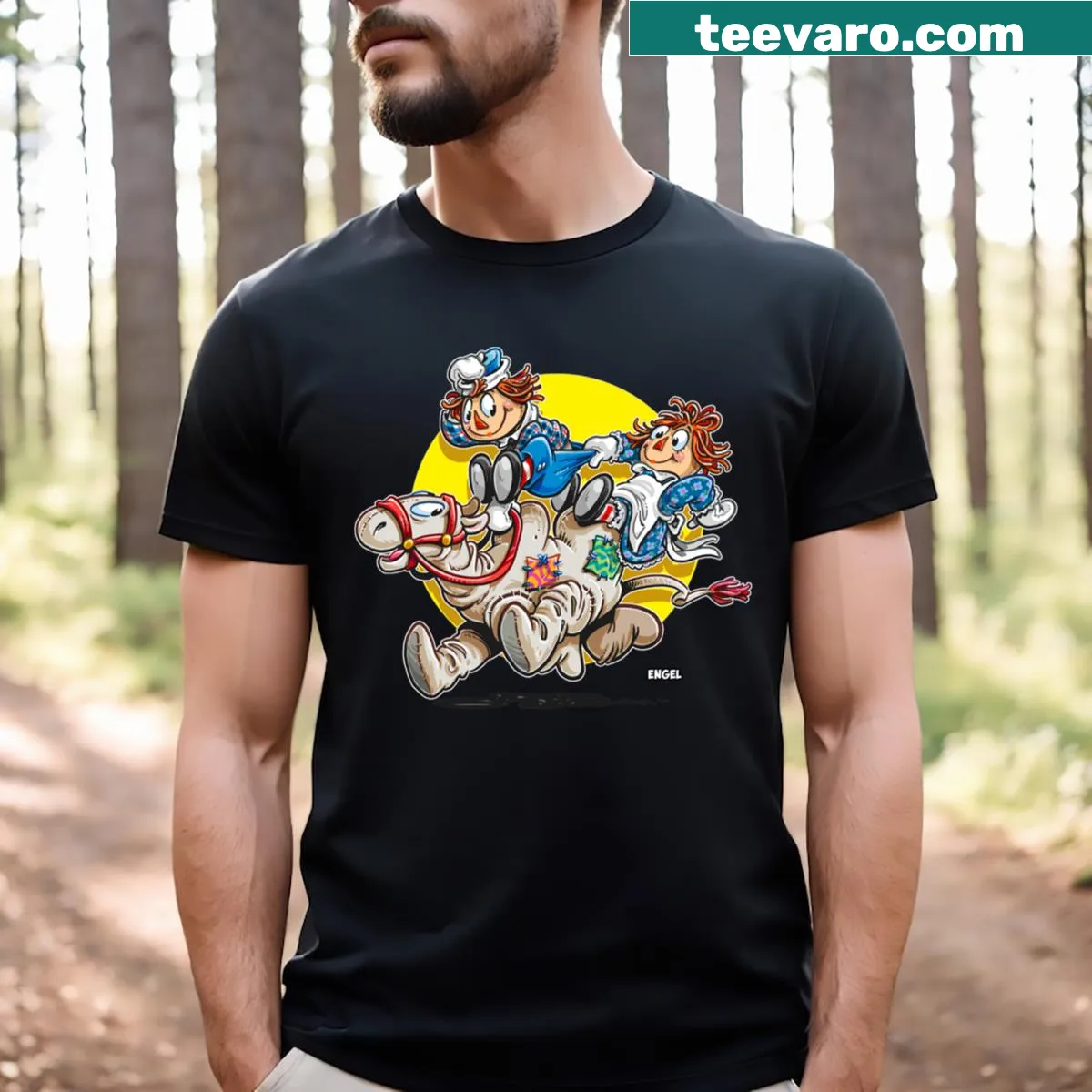 T-shirt featuring an illustration of a camel ride — on a men's t-shirt