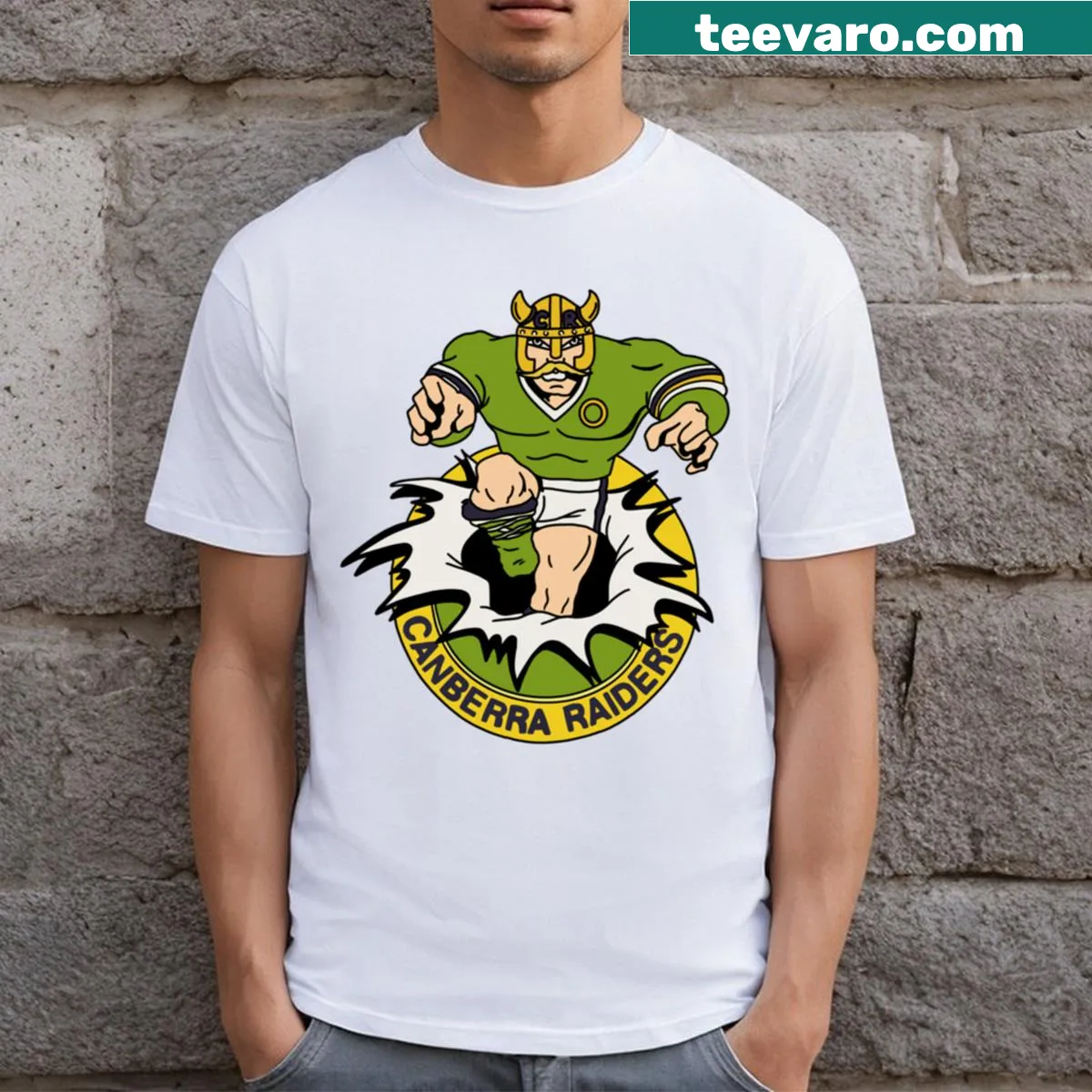 Bold Canberra Raiders T-shirt featuring team name — on a men's t-shirt