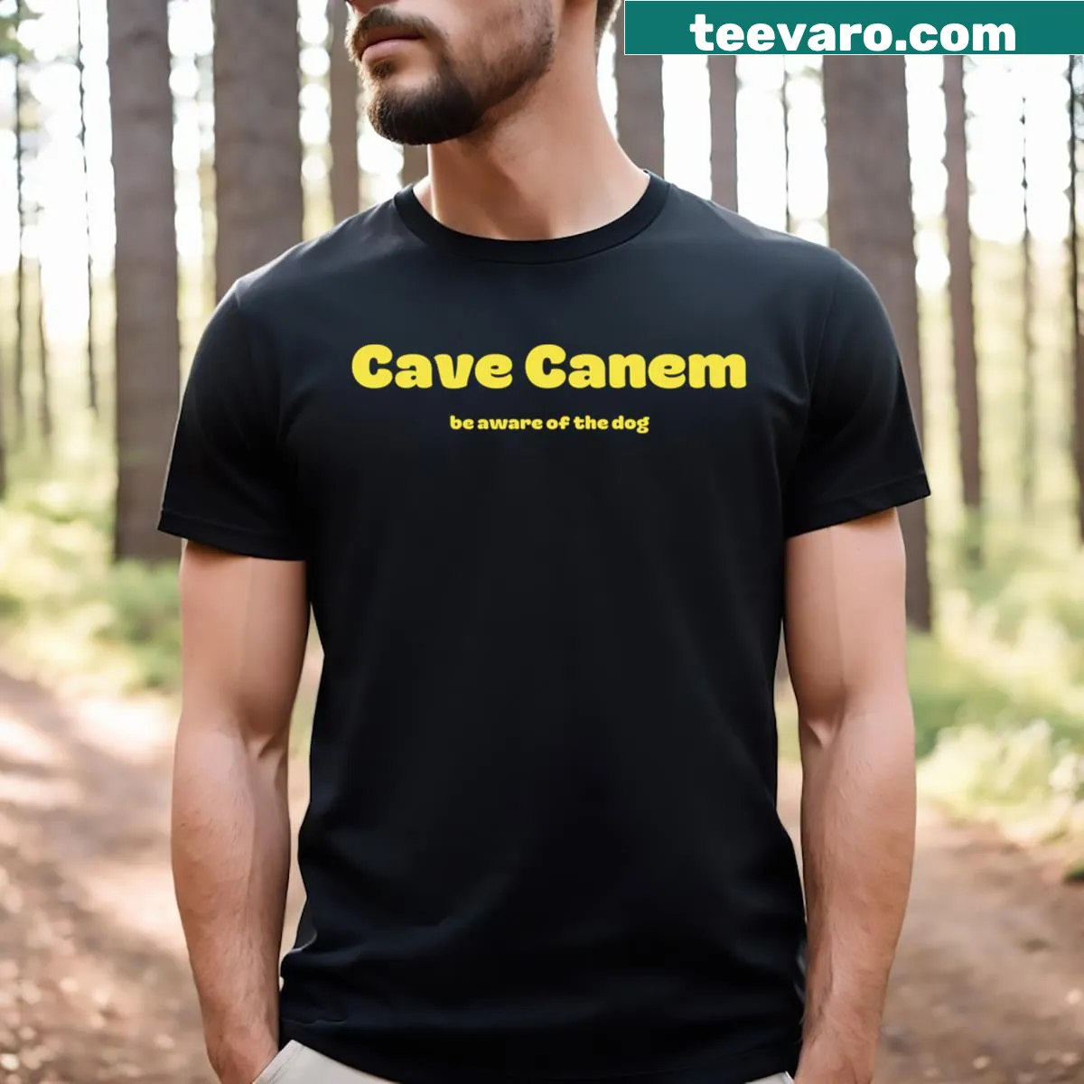 T-shirt with Cave Canem and Be Aware Of The Dog printed text — on a men's t-shirt
