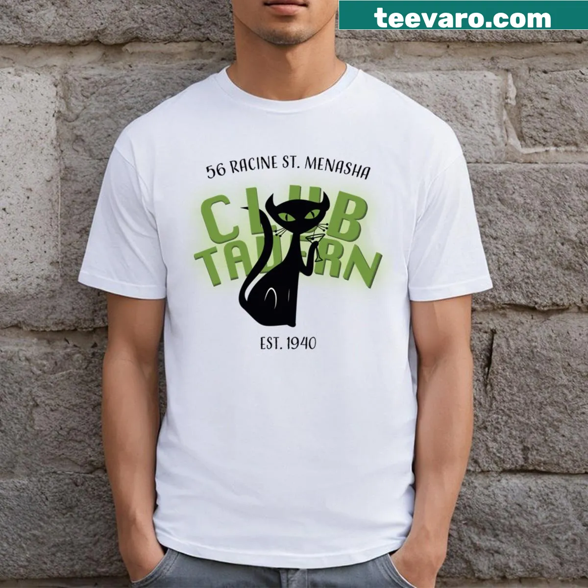 Playful cat logo T-shirt from Club Tavern — on a men's t-shirt