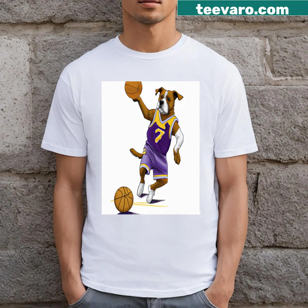 Cartoon dog dunking a basketball in a playful design — on a men's t-shirt