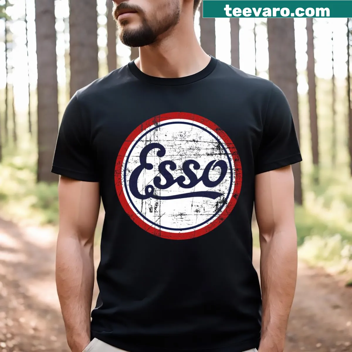 Retro T-shirt featuring the classic Esso logo for car enthusiasts — on a men's t-shirt