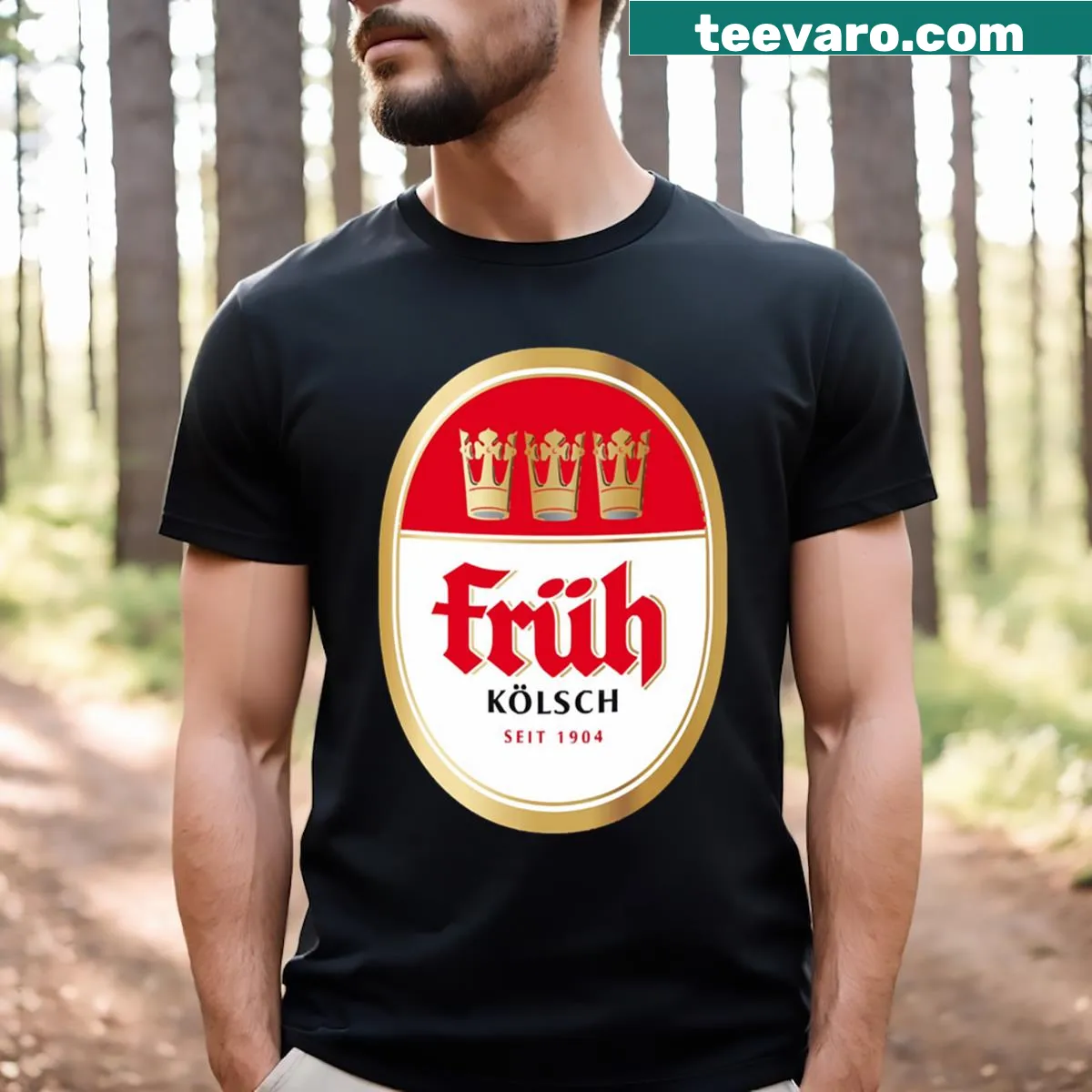 Fruh Kolsch beer logo graphic t-shirt — on a men's t-shirt