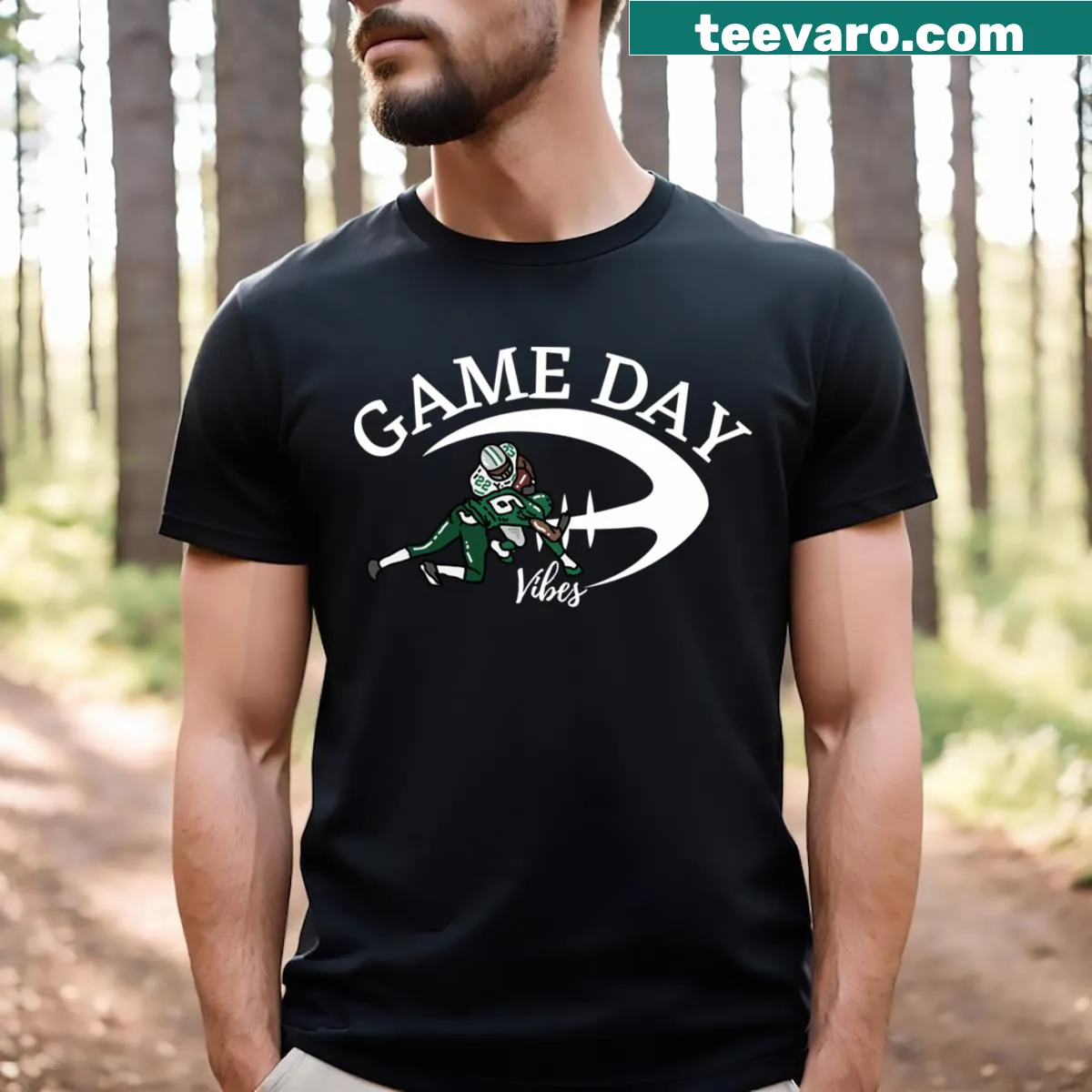 Game Day Vibes t-shirt with playful sports-themed typography — on a men's t-shirt