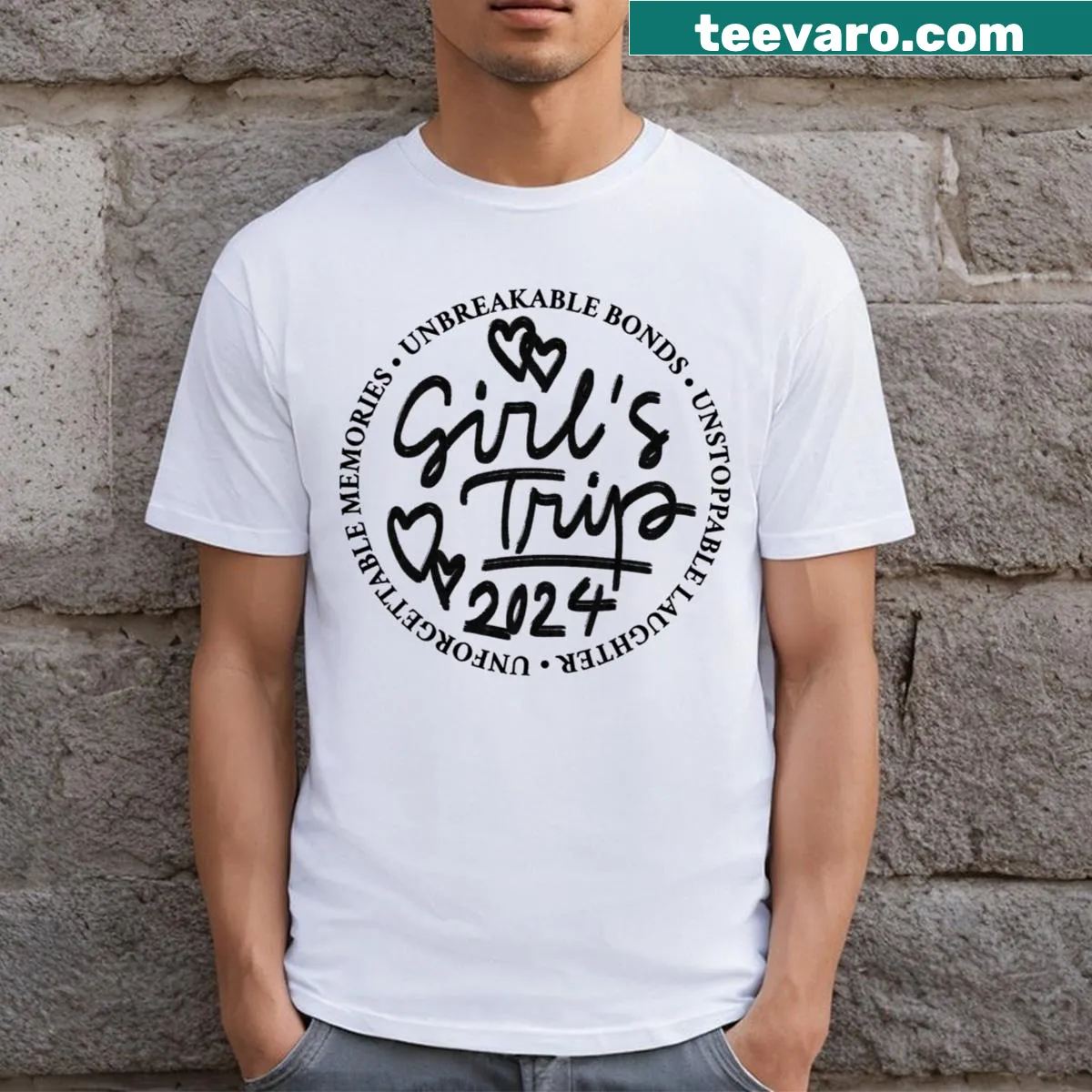 Matching girls trip t-shirt with playful travel-themed text. — on a men's t-shirt