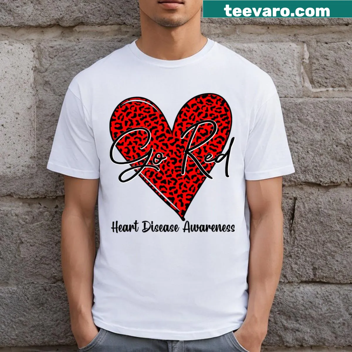 Heart Disease Awareness t-shirt with bold red typography — on a men's t-shirt