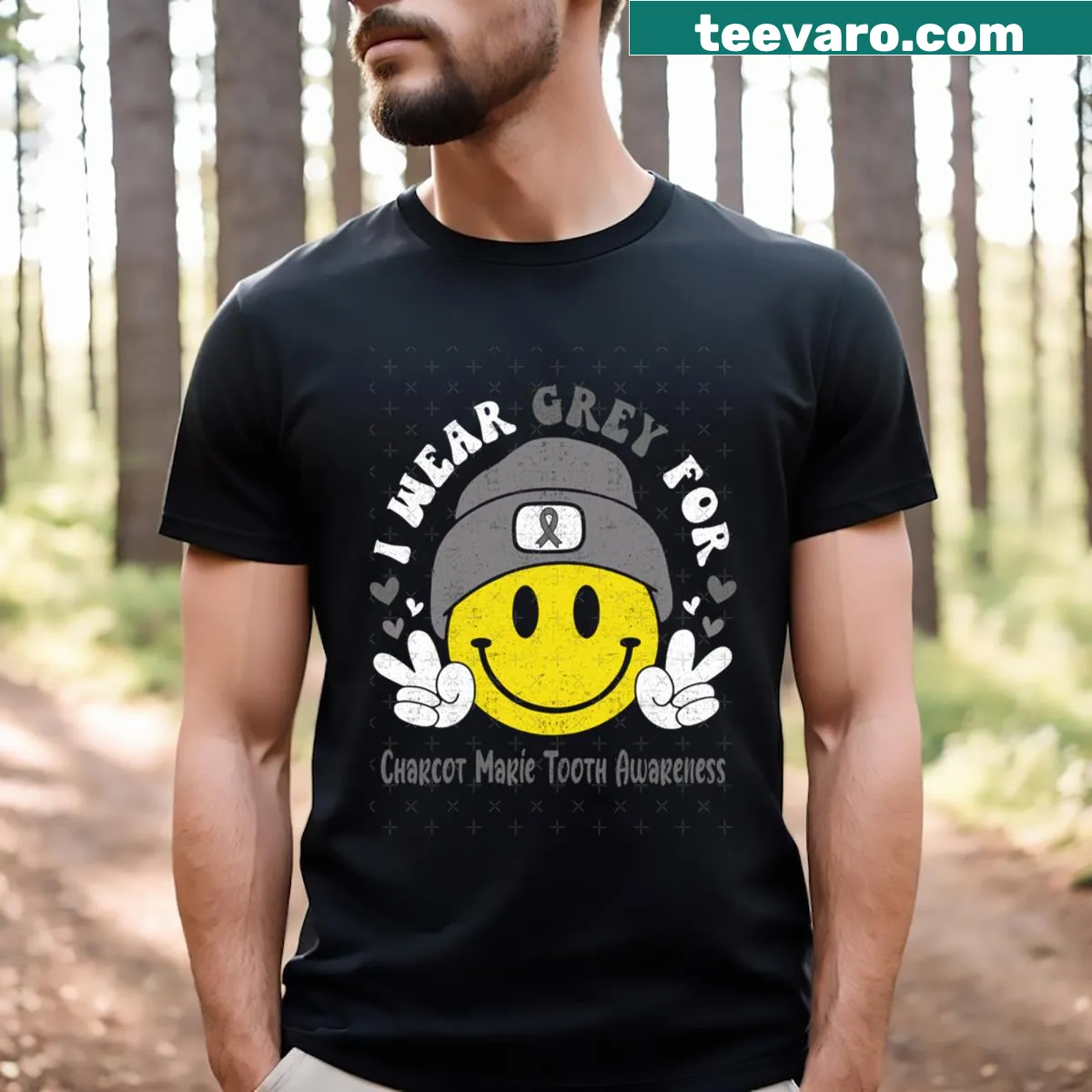 Grey awareness t-shirt for Charcot-Marie-Tooth disease with inspirational text — on a men's t-shirt