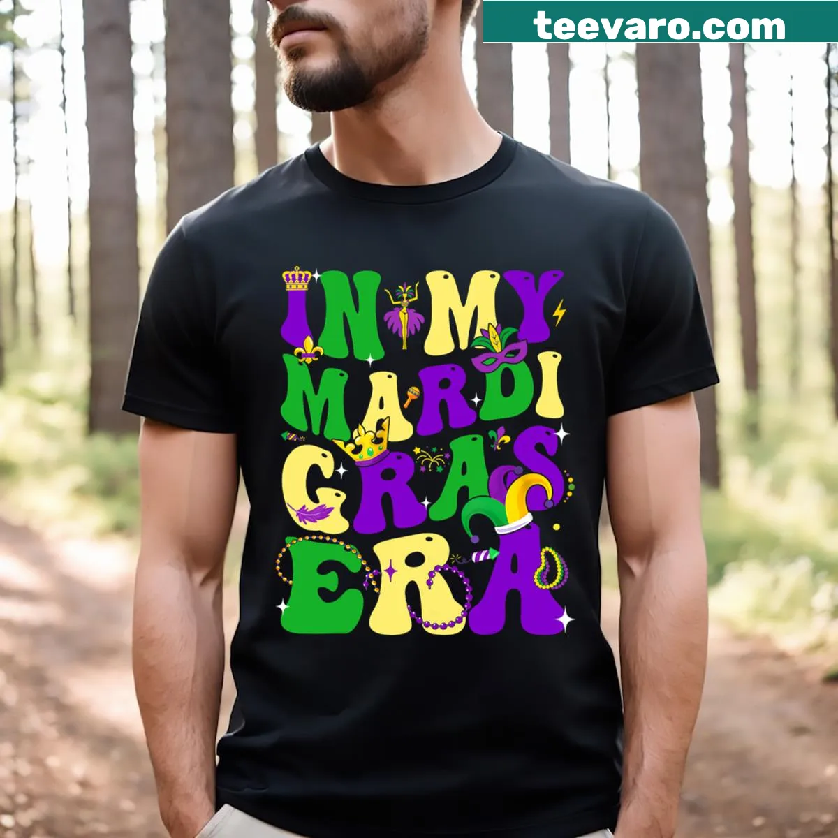 Mardi Gras celebration t-shirt with festive graphic — on a men's t-shirt
