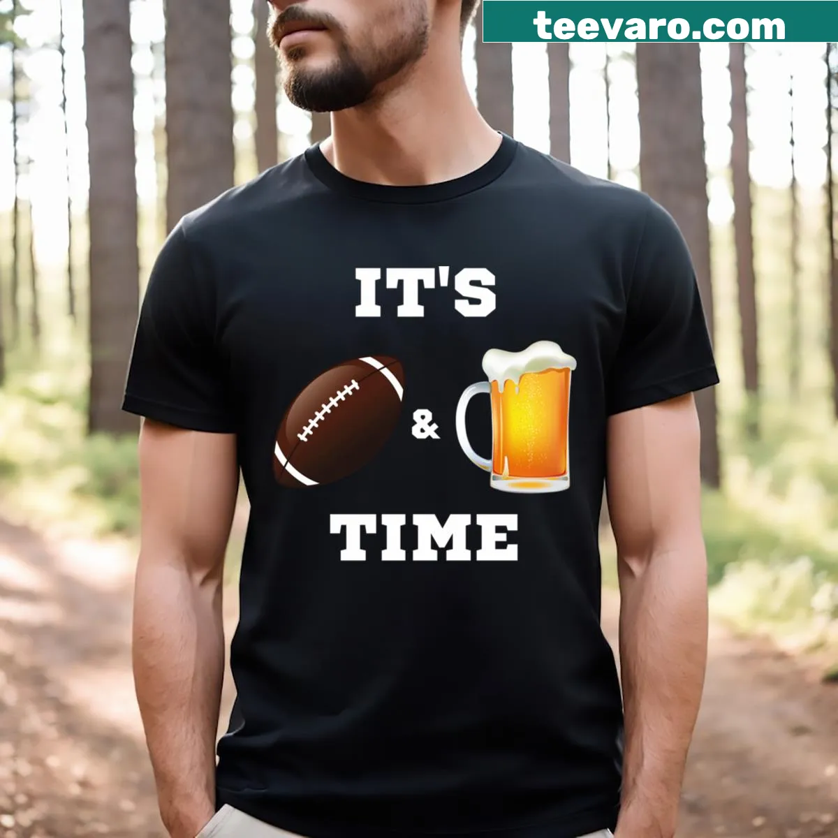 Funny football and beer T-shirt with bold text — on a men's t-shirt