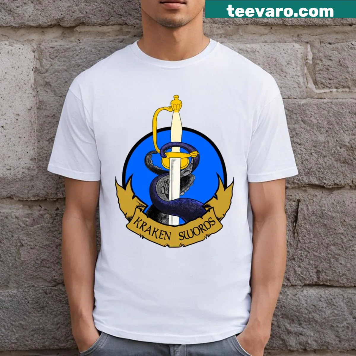 Logo graphic of Kraken Swords Sabre Club on T-shirt — on a men's t-shirt