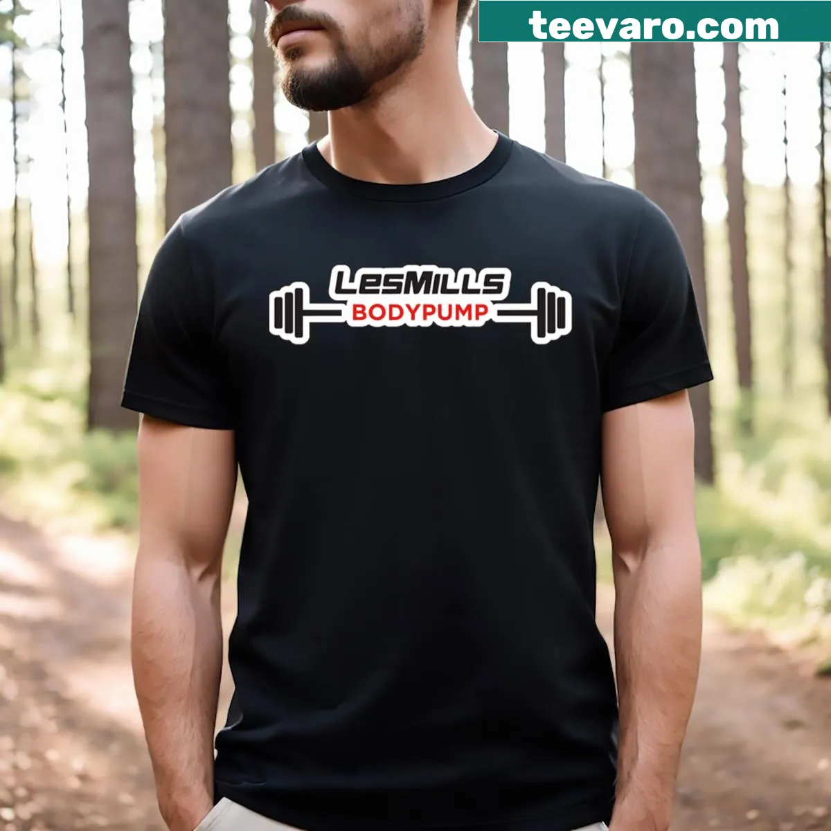 Minimalist T-shirt featuring Lesmills Bodypump logo — on a men's t-shirt