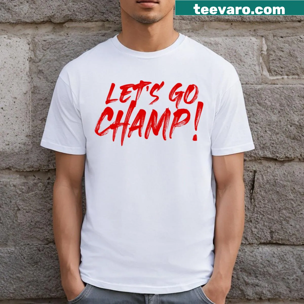 T-shirt featuring 'Let's Go Champ' slogan and Shannon Briggs illustration — on a men's t-shirt