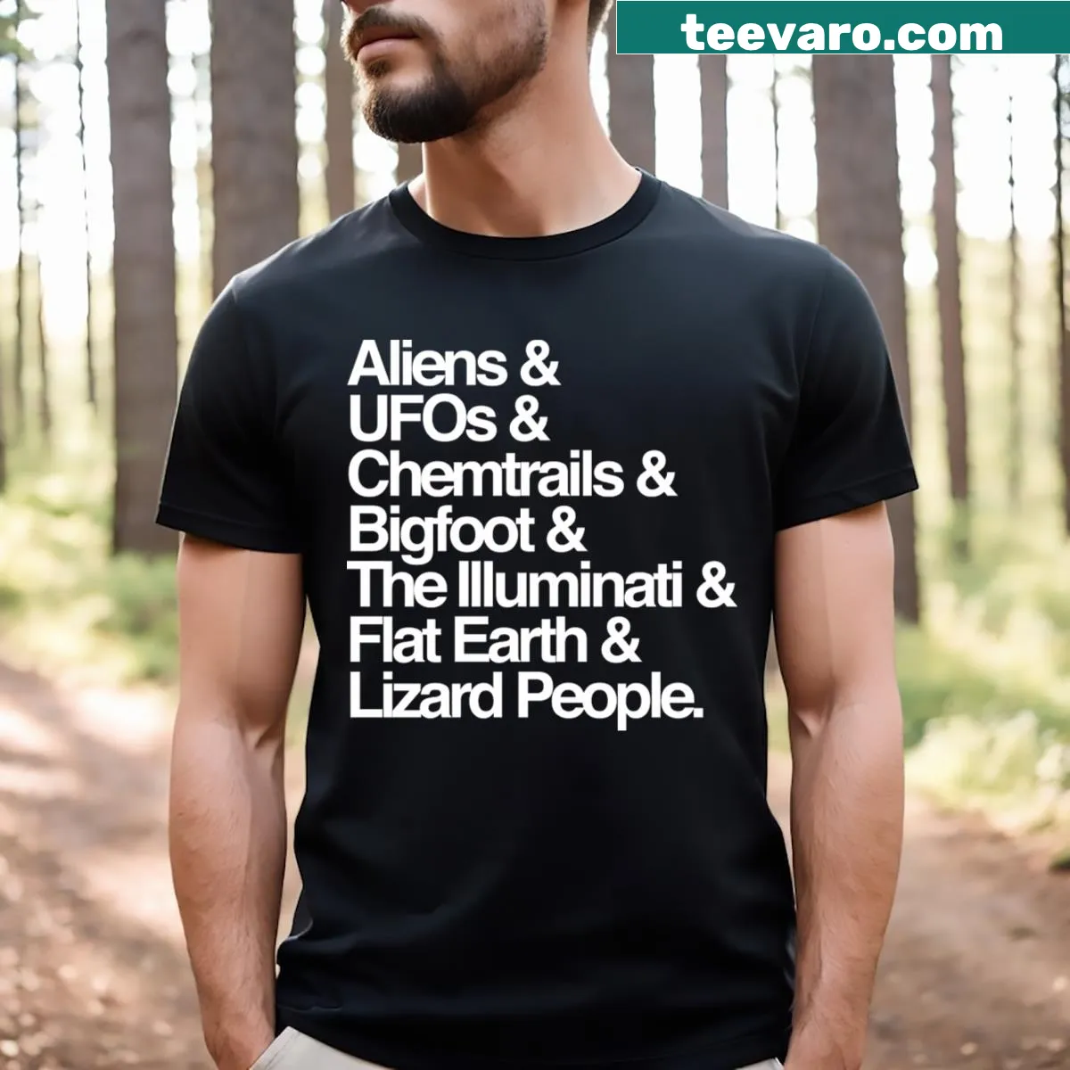 Funny T-shirt with list of conspiracy theories in a typographic design — on a men's t-shirt