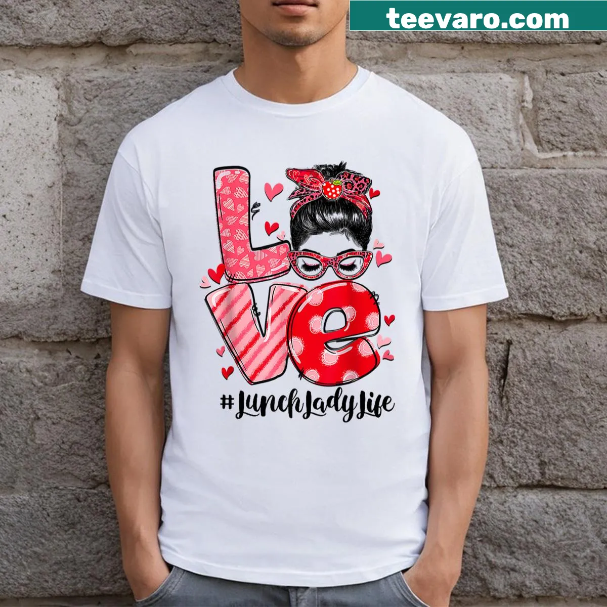 Funny lunch lady-themed t-shirt with a heart graphic — on a men's t-shirt