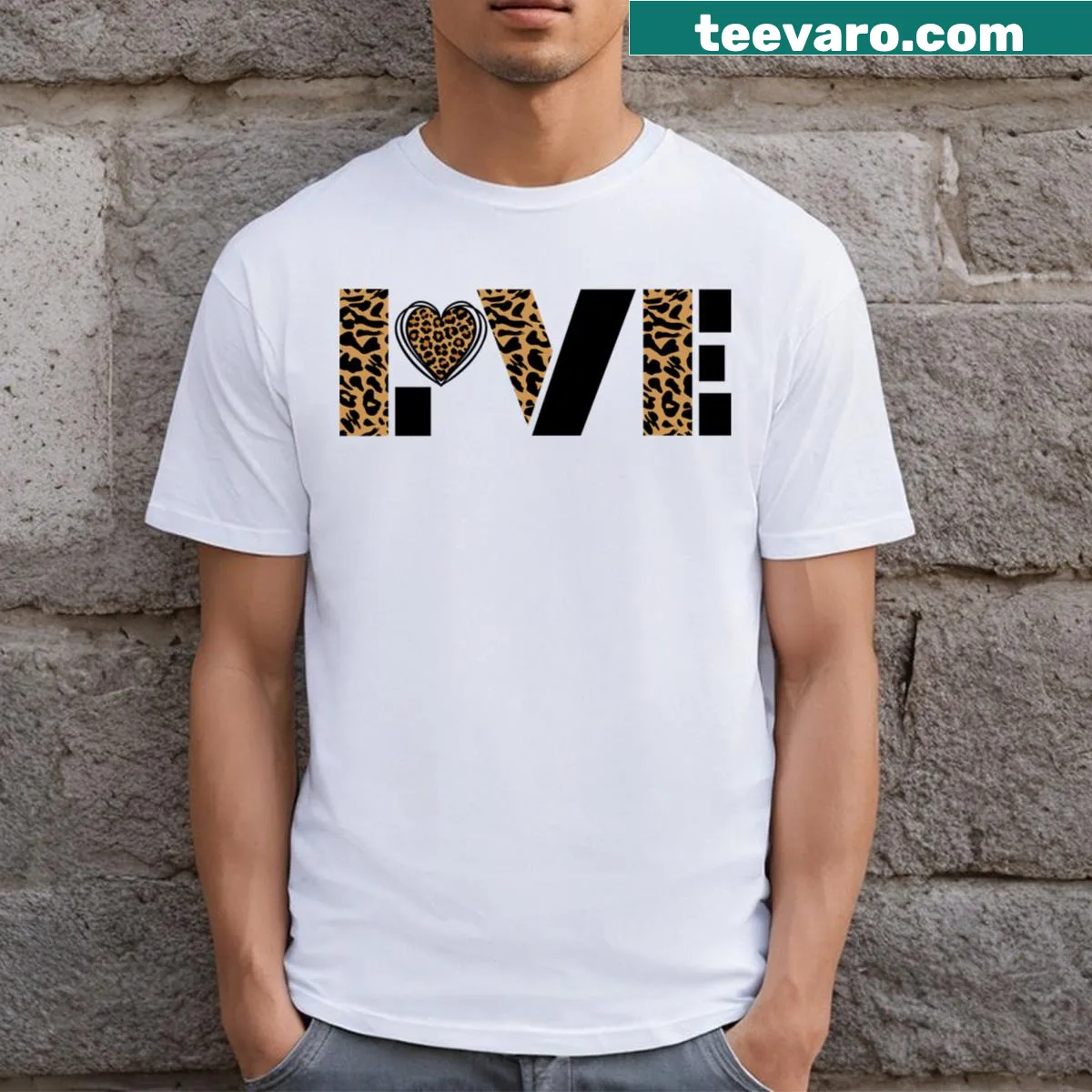 Leopard print T-shirt featuring the word 'Love' in playful design — on a men's t-shirt