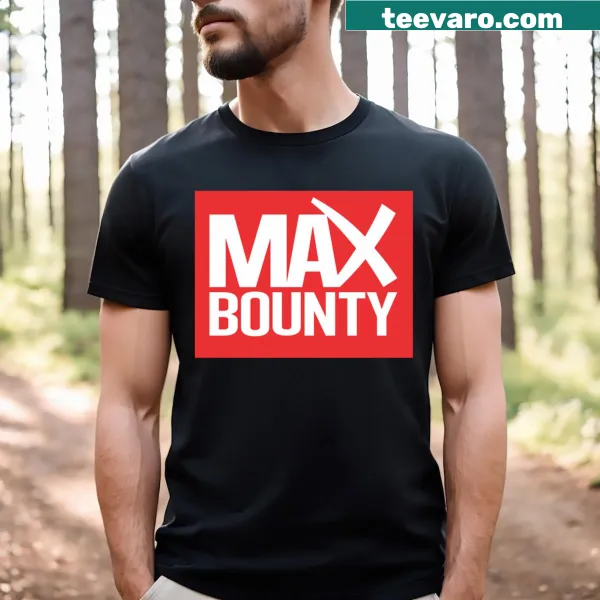Maxbounty logo on black T-shirt with bold red graphics