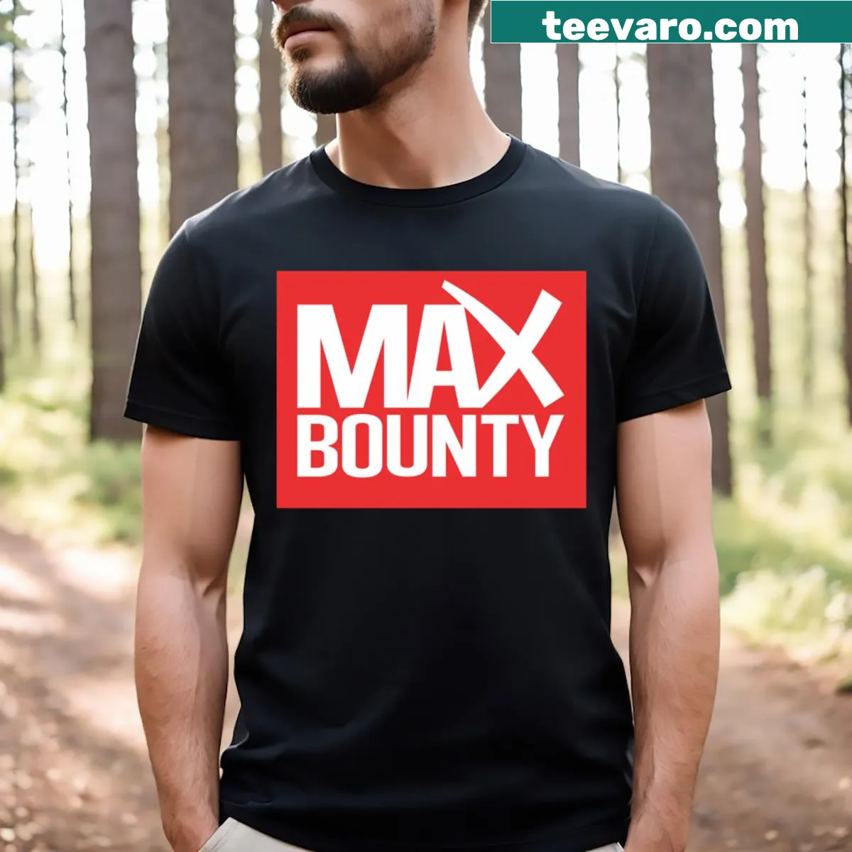 Maxbounty logo on black T-shirt with bold red graphics — on a men's t-shirt