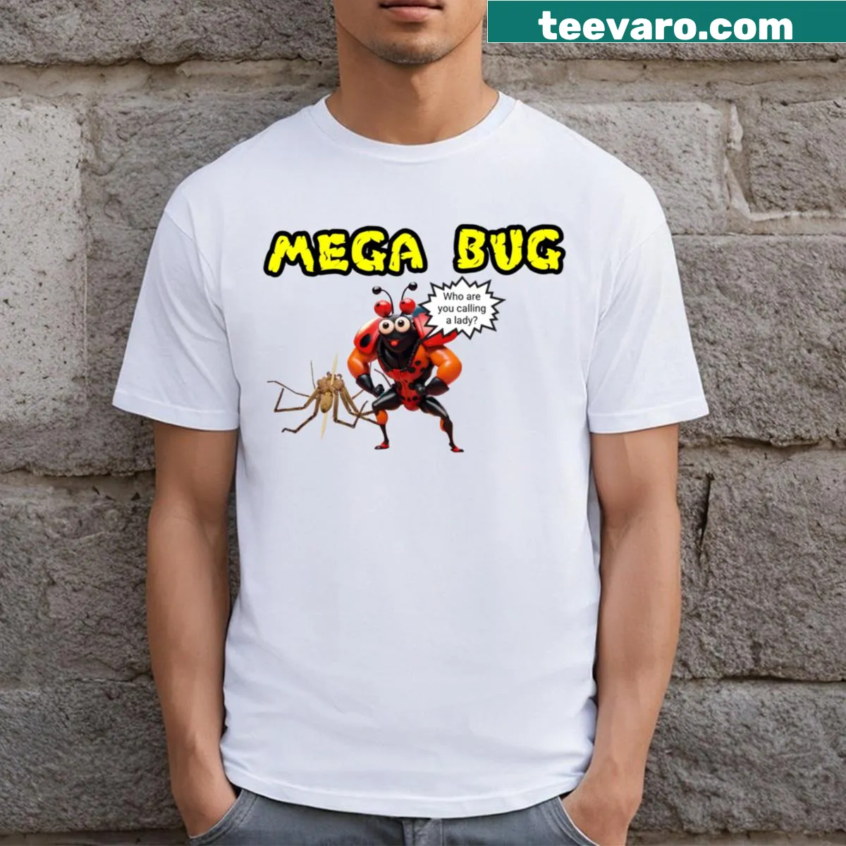 T-shirt featuring a whimsical superhero bug design — on a men's t-shirt