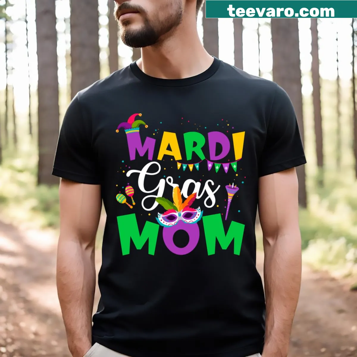 Mardi Gras Mom text design on a T-shirt — on a men's t-shirt