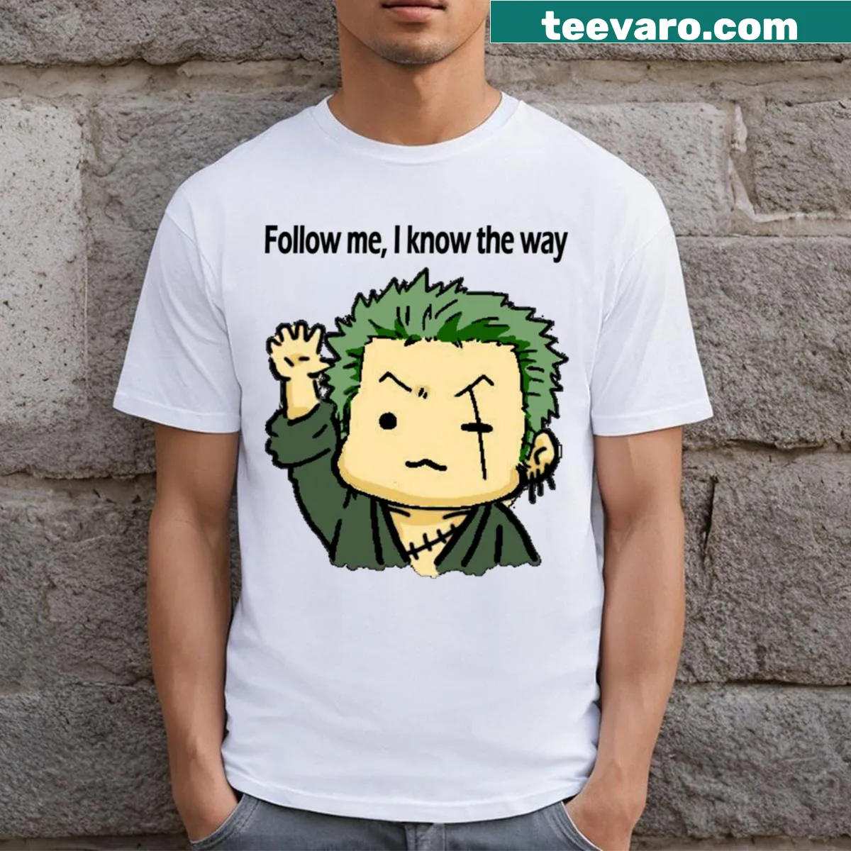 One Piece Roronoa Zoro t-shirt design — on a men's t-shirt