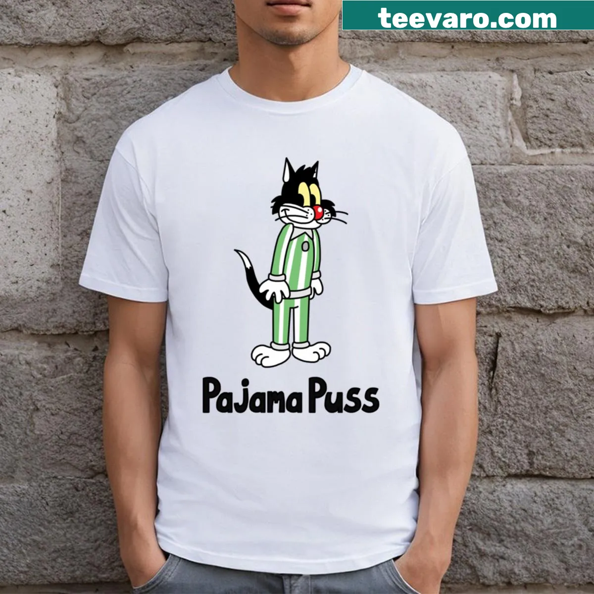 Customizable pajama cat cartoon t-shirt — on a men's t-shirt