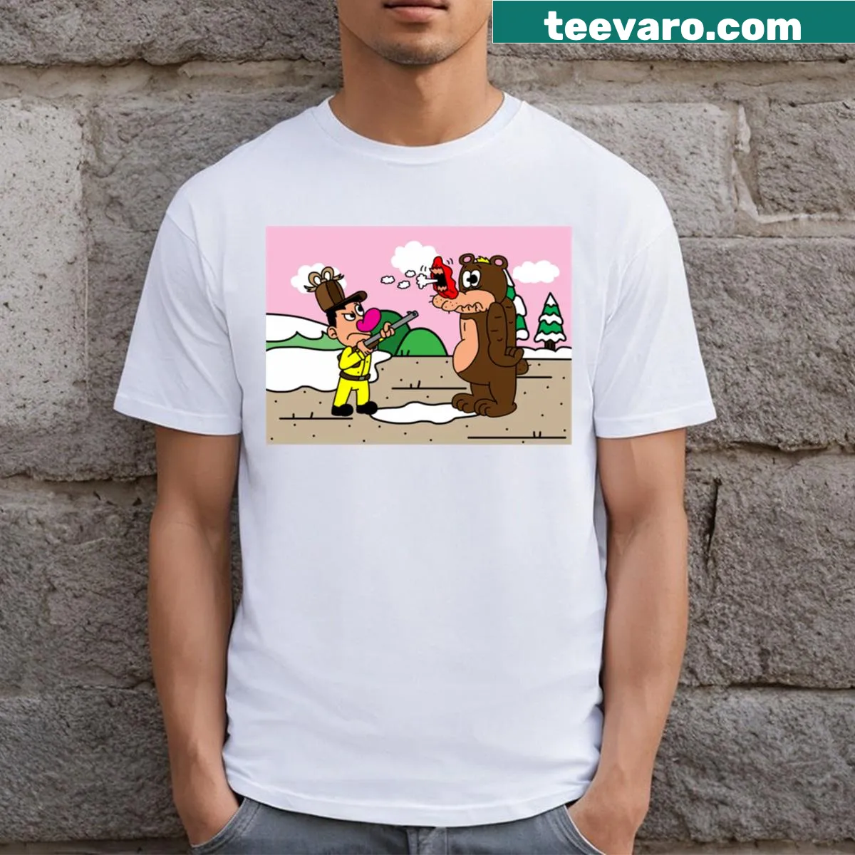 Cartoon cat graphic with a popped nose on a humorous t-shirt — on a men's t-shirt