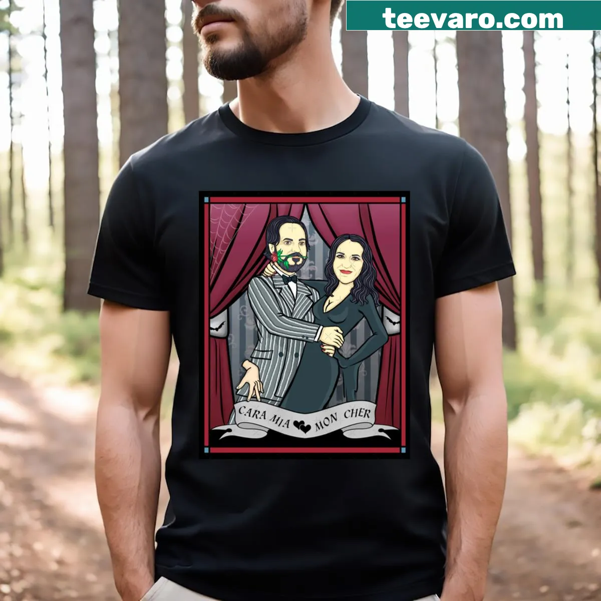 Couples shirt featuring romantic illustrations by Christine R — on a men's t-shirt