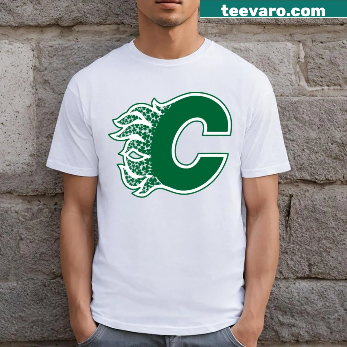 Edgy Saint Flames Day graphic t-shirt — on a men's t-shirt